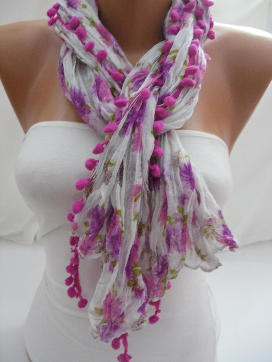 Pink Floral Pompom Shawl/ Scarf - Headband Necklace Cowl- Summer