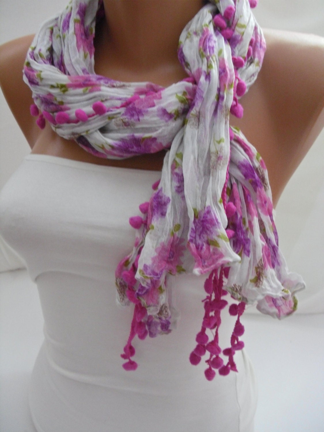 Pink Floral Pompom Shawl/ Scarf - Headband Necklace Cowl- Summer