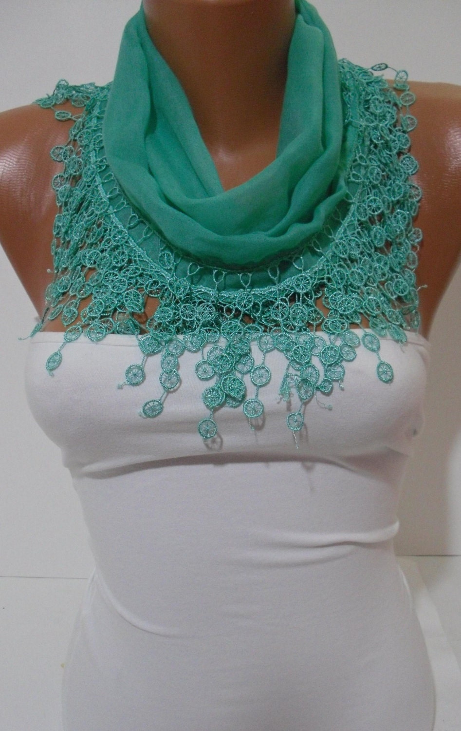 SpringGreen Cotton Shawl/  Scarf -Headband - Cowl with Lace Edge - Spring Summer Trends