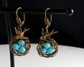 Vintage Broze Bird Egg Nest Turquoise Earrings