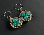 Silver Bird Egg Nest Turquoise Round Sterling Silver Ear Wires Earring
