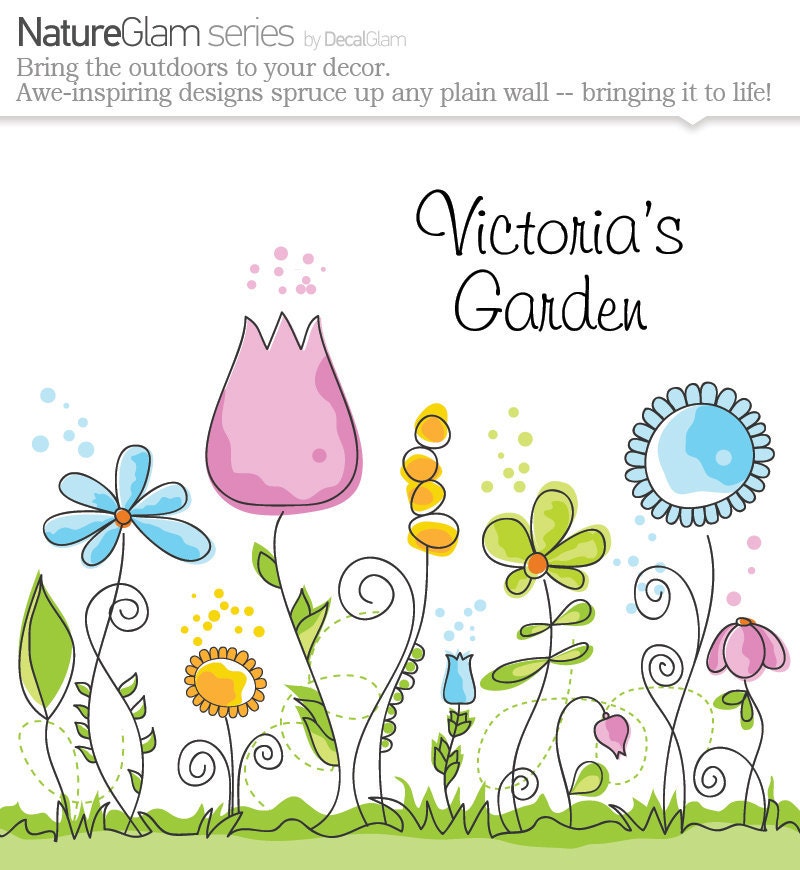 Childrens Wall Decal - Flower Garden with Name Personalization - Large Vinyl Art Sticker - For Nursery or Kids Girls Room