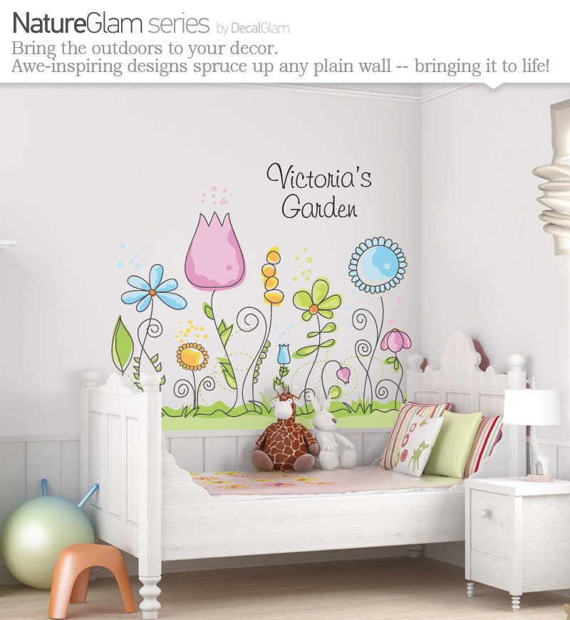 Childrens Wall Decal - Flower Garden with Name Personalization - Large Vinyl Art Sticker - For Nursery or Kids Girls Room