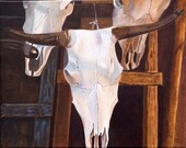 Cow Skulls, ladders. brown, blue, white, ACRYLIC PAINTING, traditional southwest , Traditional, Bold