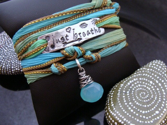 SALE D2E inspirational quote Just Breathe hand stamped on Aluminum, silk wrap bracelet wire wrapped peruvian chalcedony..