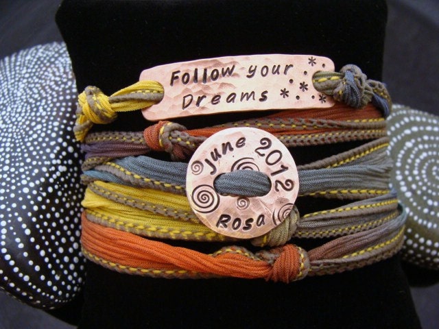 SALE D2E adjustable inspirational graduation gift hand stamped copper bar and recycled penny silk ribbon wrap charm bracelet
