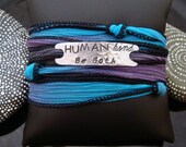 SALE D2E adjustable inspirational "Human Kind BE both" hammered and hand stamped aluminum bar, silk ribbon wrap bracelet/anklet