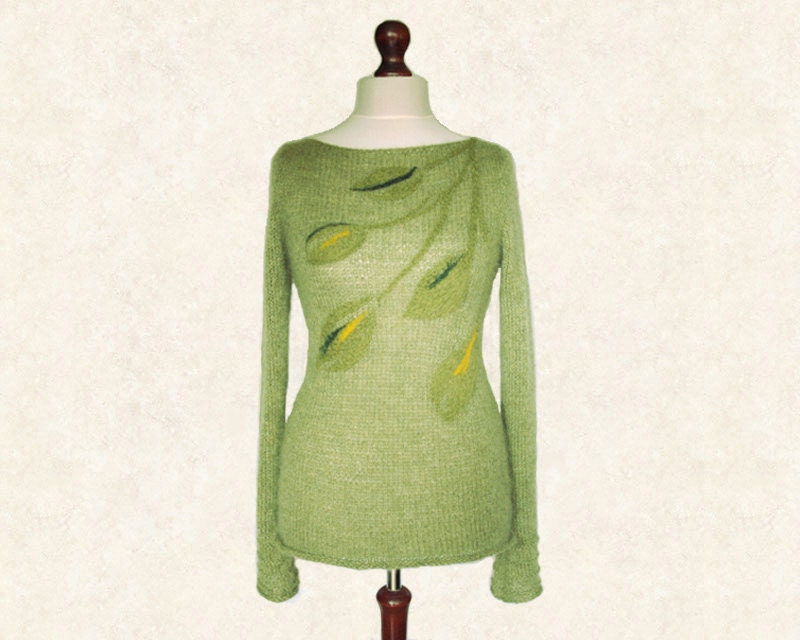 Olive green knit woman sweater pullover with felted leaves, boat neck, made of alpaca and kid silk
