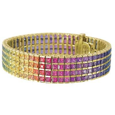 Multicolor Rainbow Sapphire Channel Set 4 Row Tennis Bracelet 14K Yellow Gold (40ct tw) SKU: 1572-14K-Yg