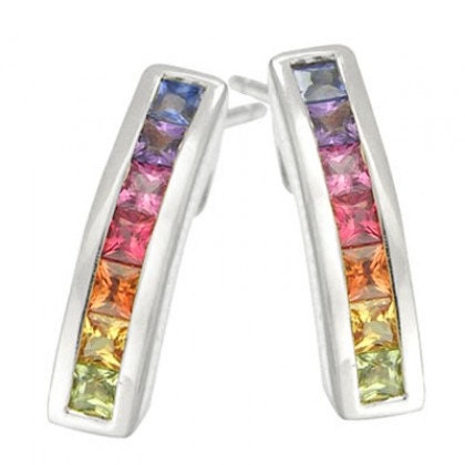 Multicolor Rainbow Sapphire Earrings Hoop Huggie 14K White Gold (2.3ct tw) SKU: 889-14K-Wg