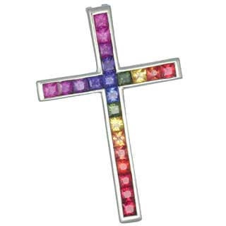 Multicolor Rainbow Sapphire Religious Crucifix Cross Pendant 18K White Gold (5ct tw) : sku 438-18k-wg