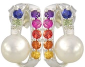 Multicolor Rainbow Sapphire & Pearl Fancy Earring 925 Sterling Silver (3/4ct tw) SKU: 1508-925