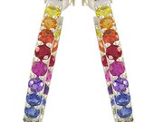 Multicolor Rainbow Sapphire Earrings Inside Outside 1 Inch Hoop Huggie 925 Sterling Silver  : sku 1518-925