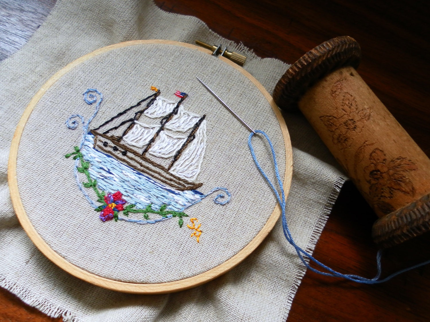 Nautical hand embroidered sail boat picture with american flag  Reserve for Amy
