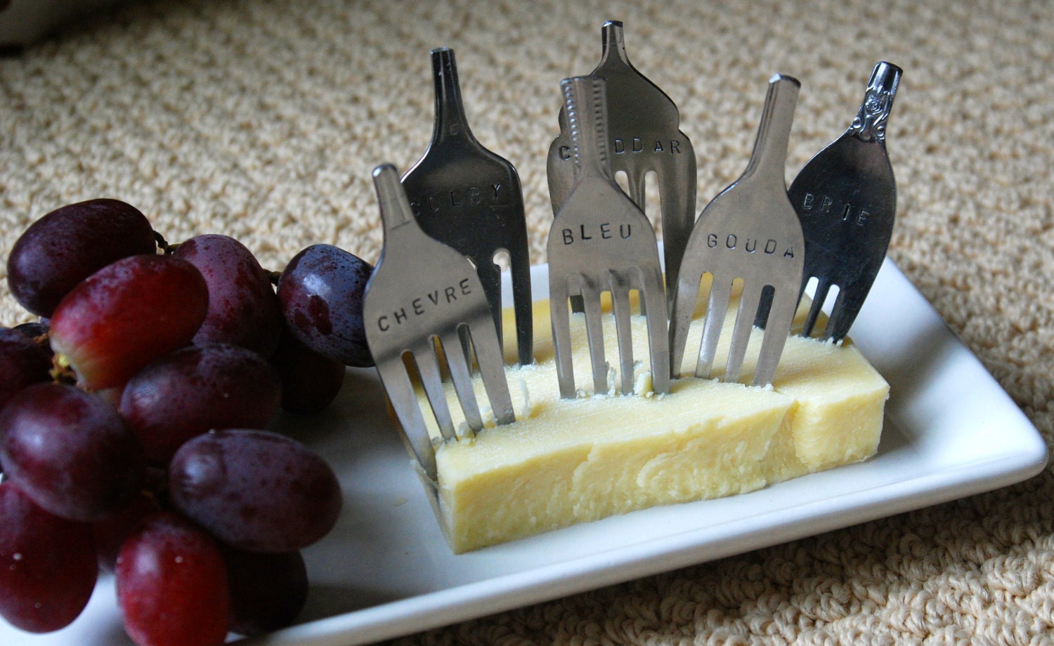 Set of 6 Hand Stamped Vintage Fork Cheese Markers-