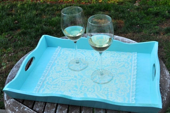 Light Blue / Aqua / Robins Egg Blue Scalloped Wooden Tray with Ivory Lace Detail / Shabby Chic / Vintage Inspired Tray