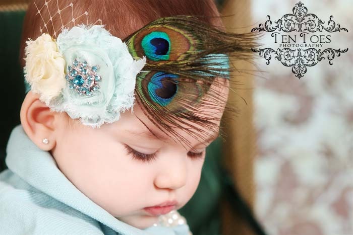 Vintage Style Rose Flower Headband or clip with Peacock feathers and Crystal detailing