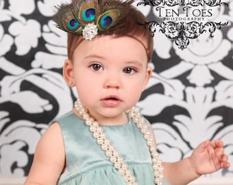 Royal Vintage Feather Crown Headband of Gorgeous Peacock feathers with Stunning Crystal Detail