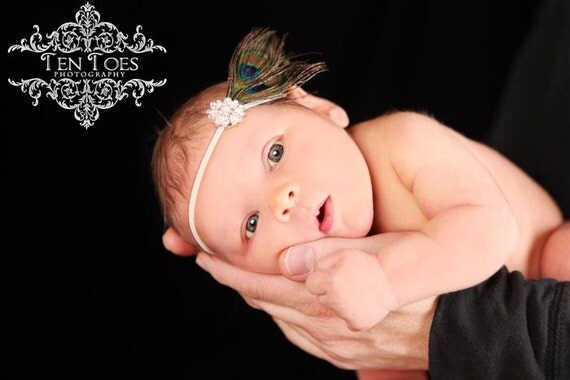 Sweet and Dainty Mini Double Peacock Feather Headband on skinny elastic with crystal pearl detailing