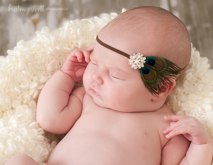 Sweet and Dainty Mini Double Peacock Feather Headband on skinny elastic with crystal pearl detailing