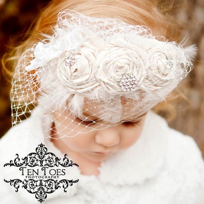 Vintage Style Wedding Veiling Hairpiece Off White or Cream Dupioni Silk Handrolled Rosette Fasinator Headband Hat, Feathers, Crystals