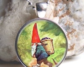 Gnome Pendant, Whimsical Gnome Necklace, Silver and Glass Gnome Charm