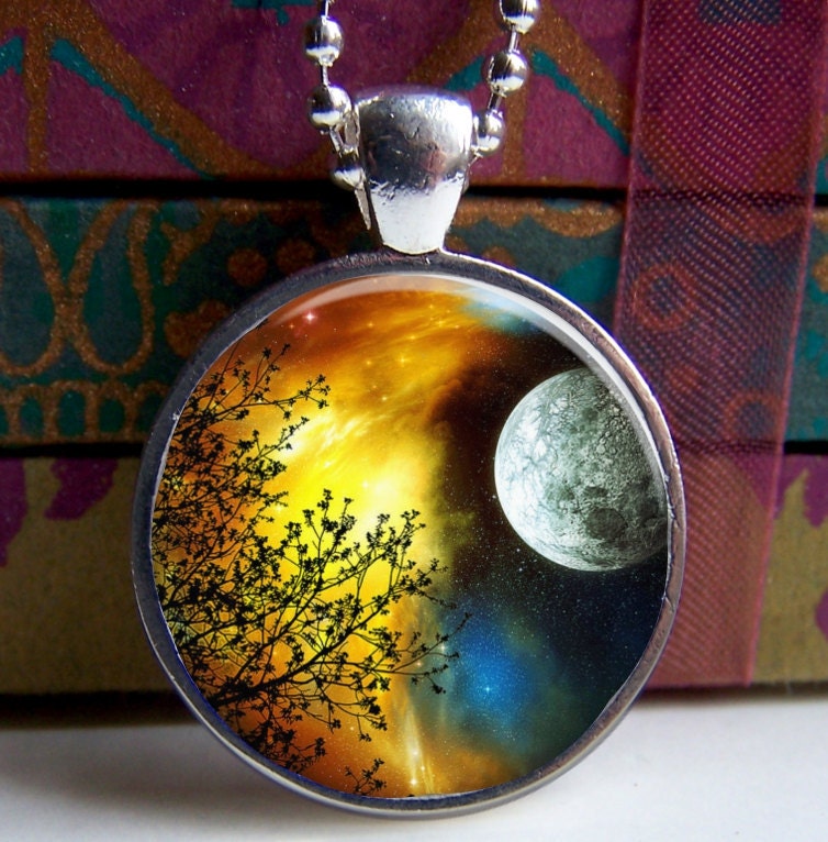 Tree Pendant, Art Pendant, Tree Necklace, Full Moon Tree Charm