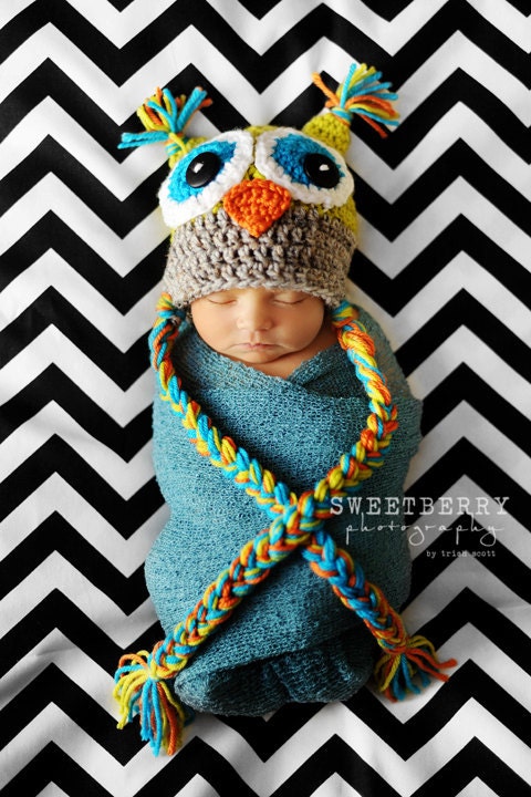 Crochet Owl Hat - Celadon green, gray, orange and teal - Photography Prop - 15 inch size - 6 month size - Made to order two days