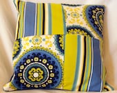 Throw Pillow Cover 14x14 - Blue and Lime Green Damask