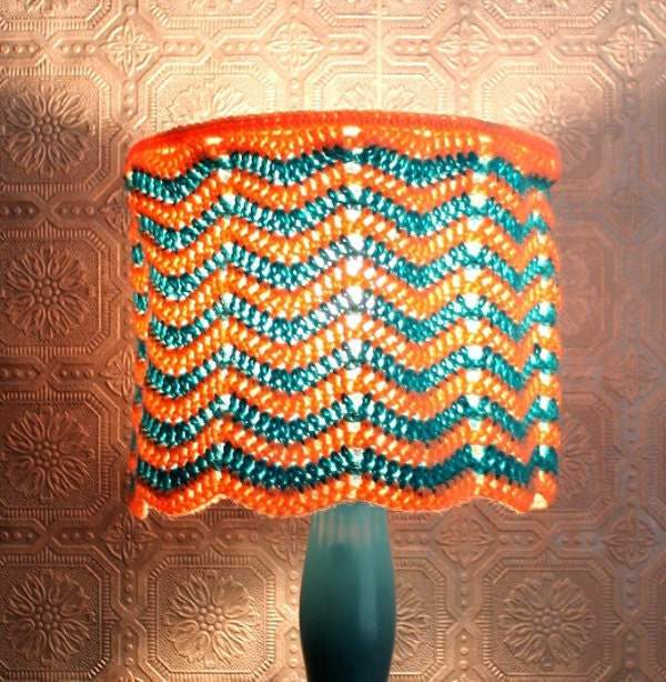 Lampshade Peach Teal Chevron Crochet Zig Zag Nursery  Lighting Housewares Unique Home Decor