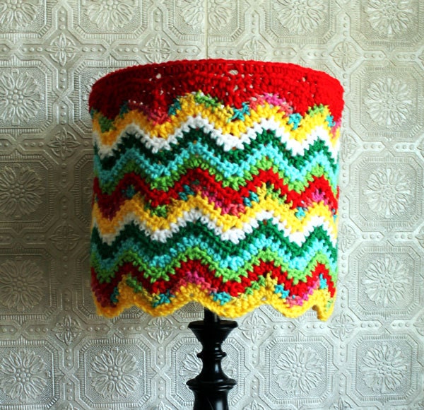 Eclectic Lamp Shade Crocheted Chevron Colorful Housewares Hippie Lighting OOAK Unique Unusual