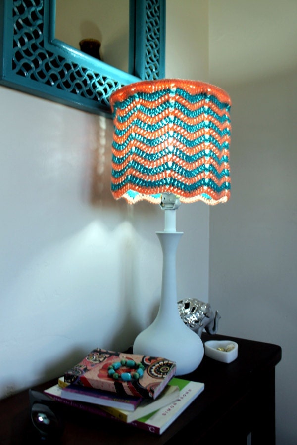 Lampshade Peach Teal Chevron Crochet Zig Zag Nursery  Lighting Housewares Unique Home Decor