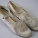 Vintage ANTIQUE WEDDING Shoes Cream Silk Satin Heels Teens 1910s 1920s 5B Chiffon Rosette Button Sides Detroit Michigan R.H. Fyfe & Company