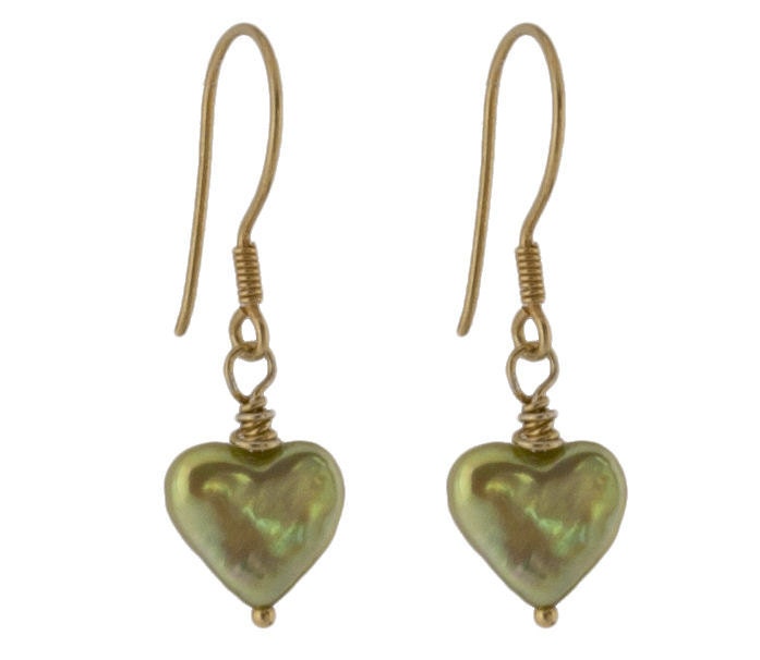 18k Gold Cultured Pearl Heart Earrings in Golden Green Fully Sterling Silver 18ct Vermeil on French Wires UK Delivery is Free