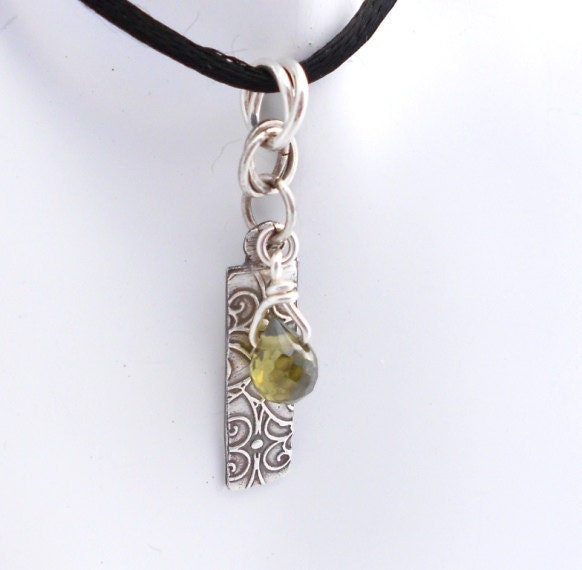 Silver Necklace, Fine Silver Pendant, Precious Metal Clay, PMC, with Emerald Green Cubic Zirconia