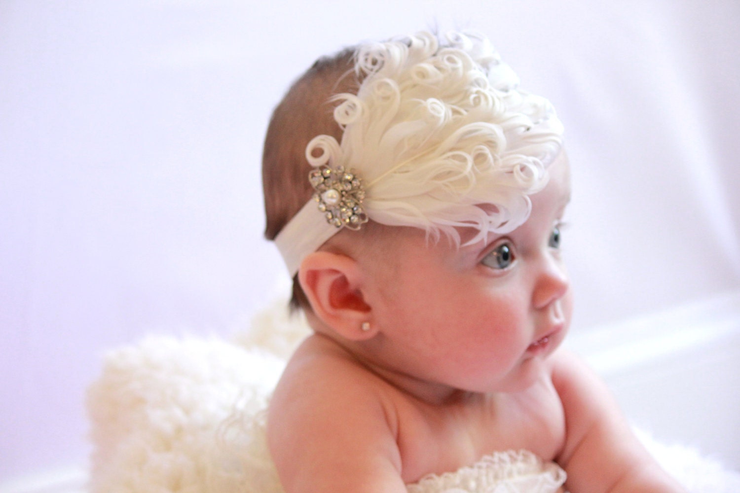 Beautiful White Ostrich Feather and Jeweled Pearl Headband-Wedding, Flower Girl, Petti Rompers, Pageants, Photos- Women, Teen, Girls or Baby
