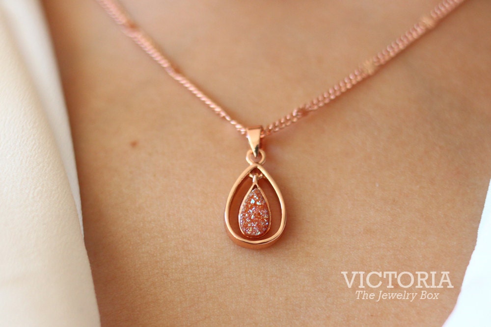 Delicate Tiny Pastel Light Pink Druzy Teardrop Ring Pendant Necklace with Genuine Rose Gold plating by VICTORIA- The Jewelry Box