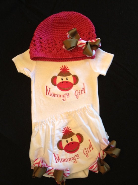 Monmys Girl Sock Monkey Onesie, Bloomers, Crochet Hat and Bow...Bodysuit Diaper Cover for BaBy Girl