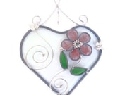 Stained glass heart suncatcher beveled pink stone flower