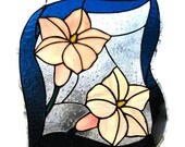 Tropical flowers stained glass panel pink yellow handmade