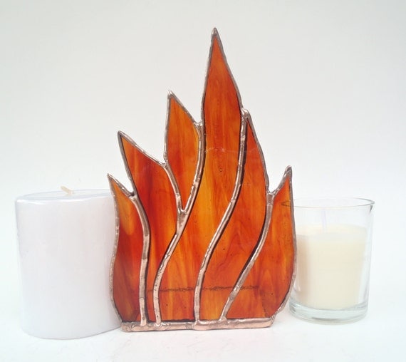 Stained Glass Candle Holder Orange and Red Handmade