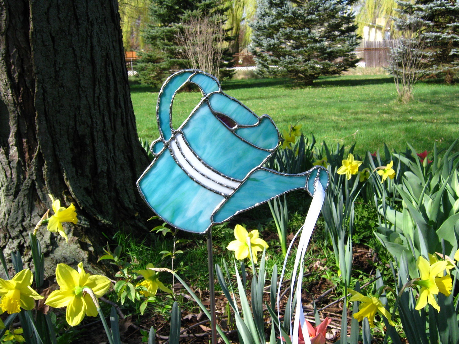 Stained glass garden stake teal watering can handmade