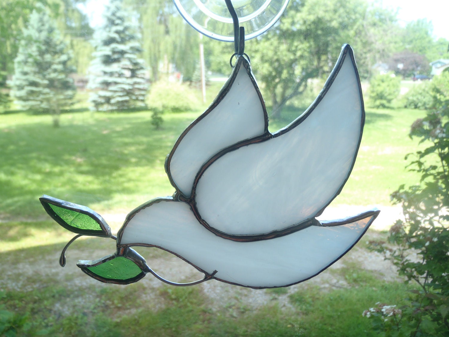 Stained glass suncatcher white dove olive branch handmade