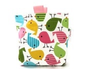 Reusable Snack Bag, Eco Friendly, Gusset and Finger Tabs, Urban Zoologie Spring Birds, Pink, Blue, Green & Yellow