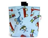 Reusable Snack Bag, Eco Friendly, Gusset and Finger Tabs, Blue, Red and Green "Scoot" Fabric by Riley Blake, Trains, Tractors & Helicopters