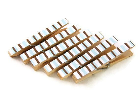 Decorated Wooden Clothes Pins/Pegs with Blue, Brown and White Stripes - Set of 6
