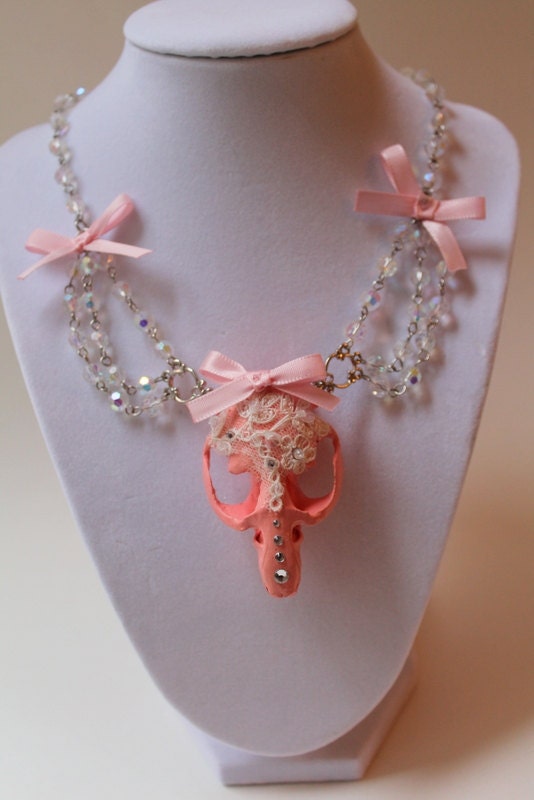 Muskrat Skull Necklace with Lace and Swarovski Crystals