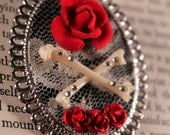 Bone Brooch with Roses, Lace & Swarovski Crystals