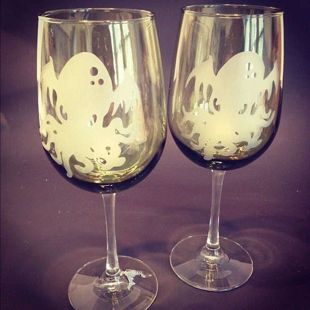 Cthulhu Goblets Set of 2 - Olive Green Colored Etched Wine Glasses