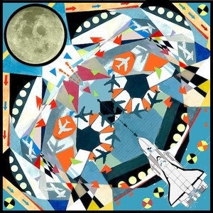 Space Race Moon Rocket Geometric Pattern Silk Scarf with Plane Print